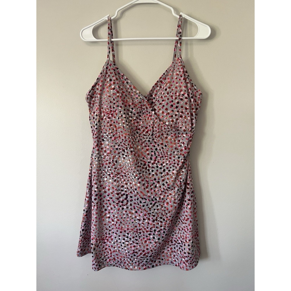 Garnet Hill Confetti Dots Swim Dress Size 14 Gray Pink Summer Cruisewear